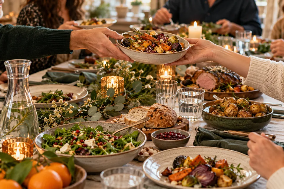 Tavola festiva con verdure, piatti da condividere e una caraffa d’acqua