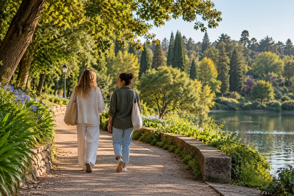 Amici a passeggio su un sentiero verde nel parco