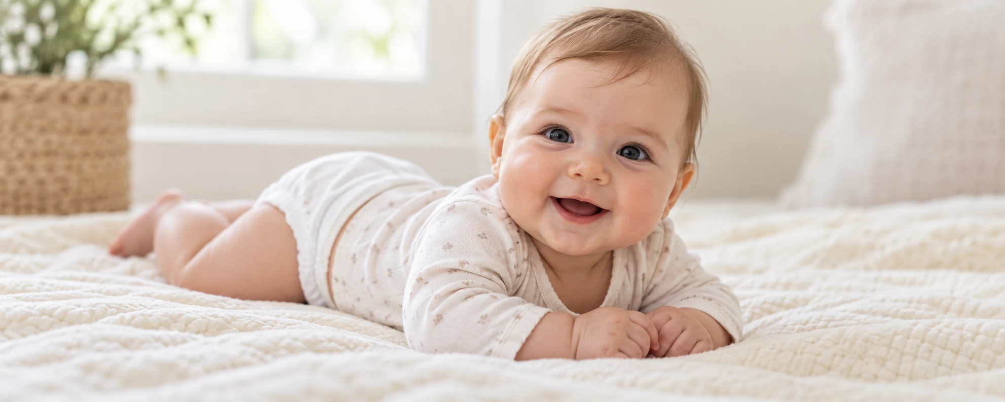 Bambino vestito di chiaro su una coperta
